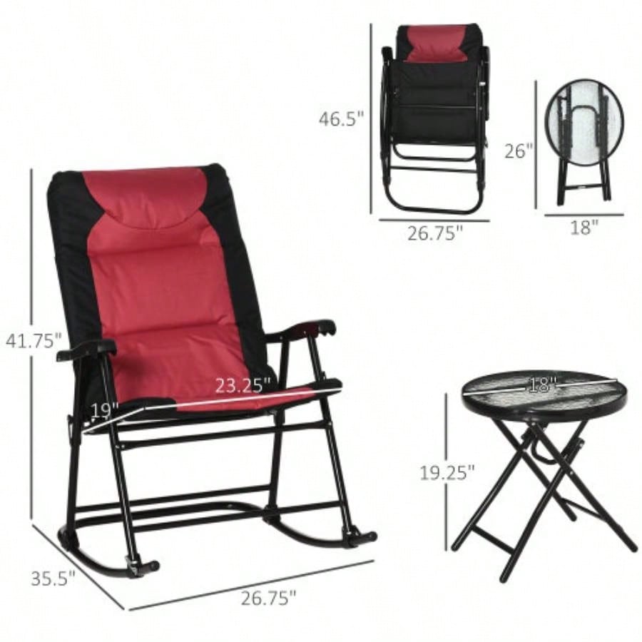 3 Piece Outdoor Patio Furniture Set with Glass Coffee Table 2 Folding Padded Rocking Chairs, Bistro Style Porch, Camping, Balcony, Red