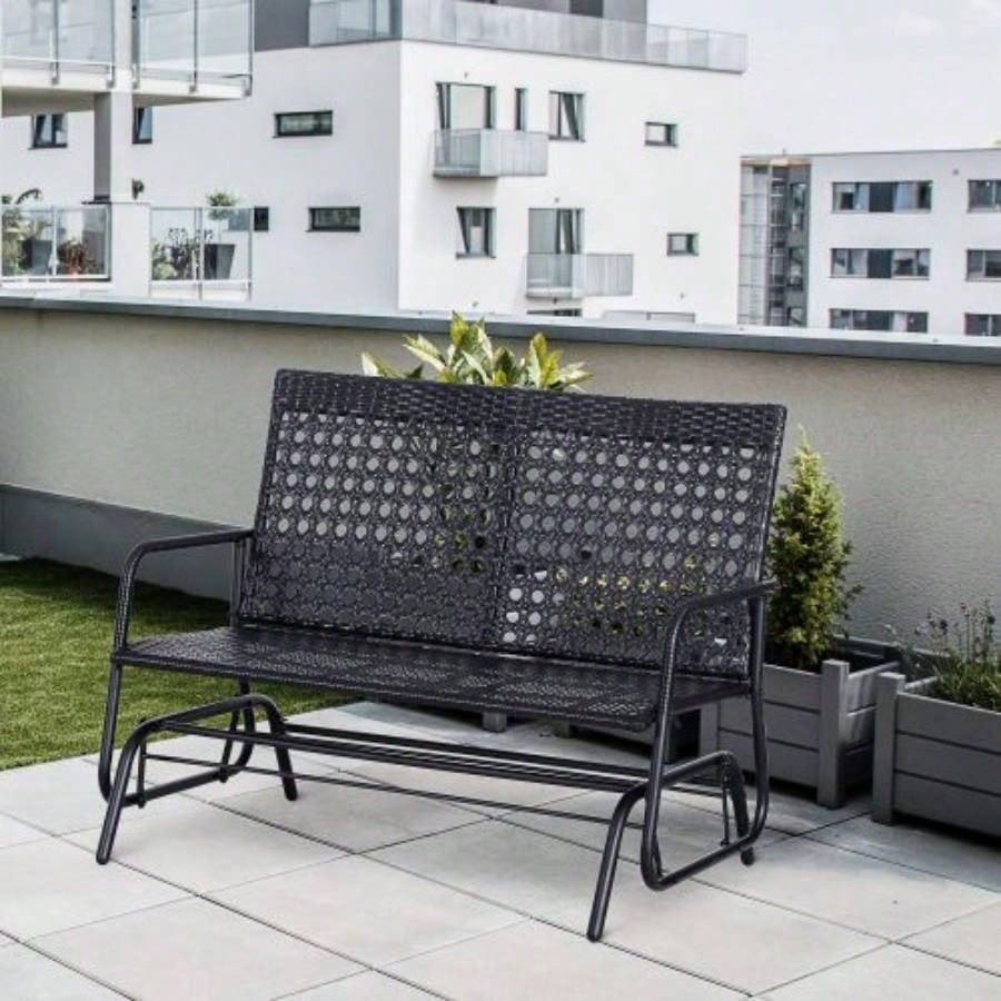 Outsunny Patio 2 - Person Wicker Glider Rocking Chair, Outdoor All - Hand Woven PE Rattan Loveseat/ Ergonomic Design Rocking System Patio, Garden, Porch, Lawn, Black