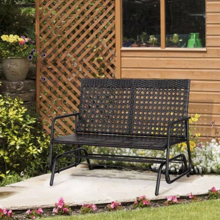 Outsunny Patio 2 - Person Wicker Glider Rocking Chair, Outdoor All - Hand Woven PE Rattan Loveseat/ Ergonomic Design Rocking System Patio, Garden, Porch, Lawn, Black