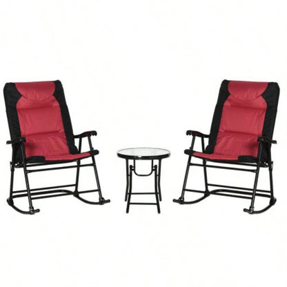 3 Piece Outdoor Patio Furniture Set with Glass Coffee Table 2 Folding Padded Rocking Chairs, Bistro Style Porch, Camping, Balcony, Red