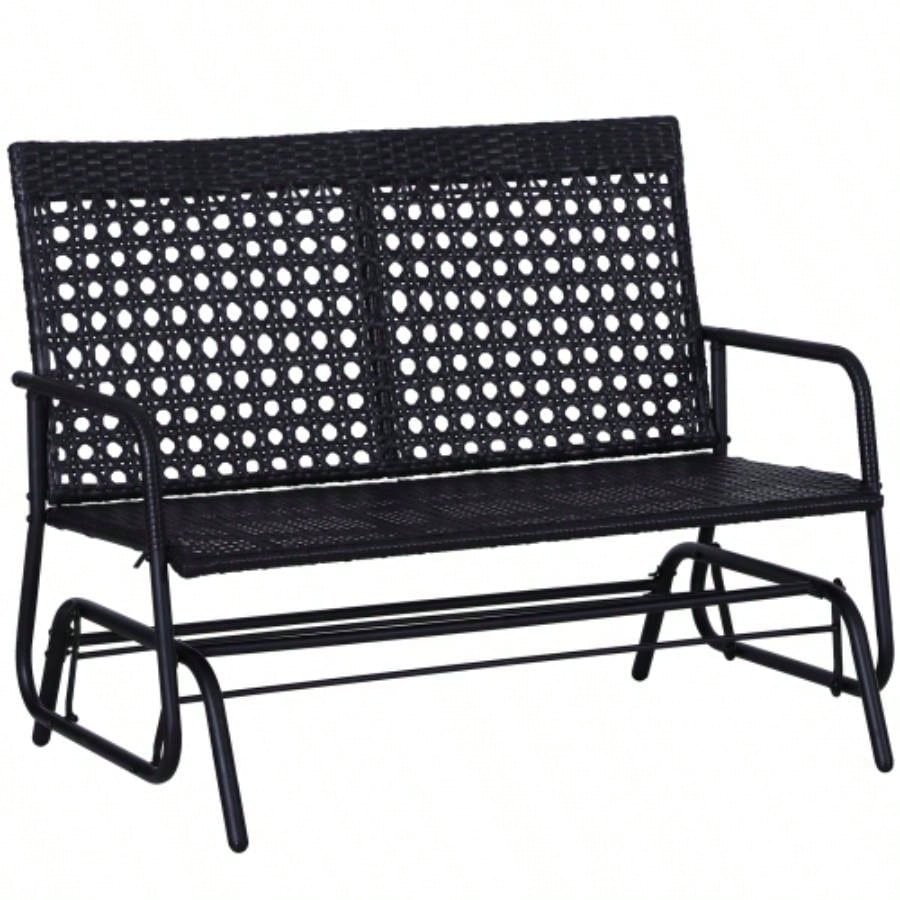 Outsunny Patio 2 - Person Wicker Glider Rocking Chair, Outdoor All - Hand Woven PE Rattan Loveseat/ Ergonomic Design Rocking System Patio, Garden, Porch, Lawn, Black