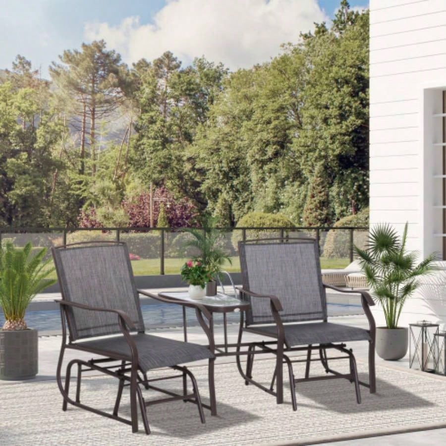 Outsunny Outdoor Glider Chairs with Coffee Table, Patio 2 - Rocking Chair Swing Loveseat with Breathable Sling Backyard, Garden and Porch,