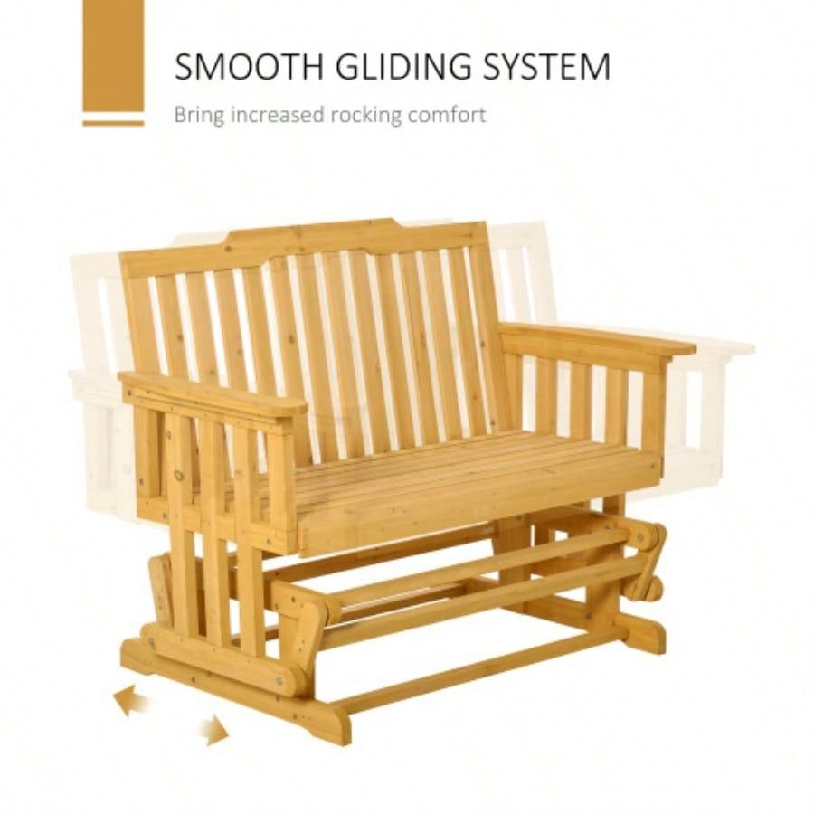 Outsunny 2 - Person Patio Swing Glider with Quick Drying Design and Wide Armrest, Wood Rocking Chair Loveseat Backyard Garden Porch, Natural