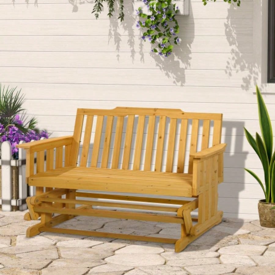 Outsunny 2 - Person Patio Swing Glider with Quick Drying Design and Wide Armrest, Wood Rocking Chair Loveseat Backyard Garden Porch, Natural