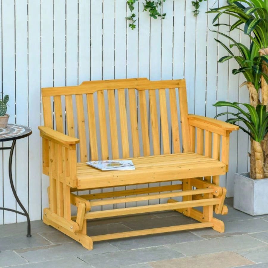 Outsunny 2 - Person Patio Swing Glider with Quick Drying Design and Wide Armrest, Wood Rocking Chair Loveseat Backyard Garden Porch, Natural