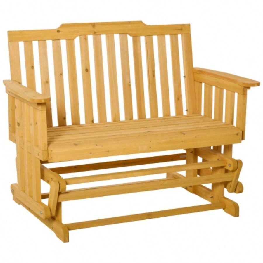 Outsunny 2 - Person Patio Swing Glider with Quick Drying Design and Wide Armrest, Wood Rocking Chair Loveseat Backyard Garden Porch, Natural
