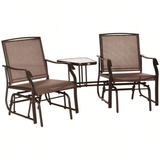 Outsunny Outdoor Glider Chairs with Coffee Table, Patio 2 - Rocking Chair Swing Loveseat with Breathable Sling Backyard, Garden, and Porch, Coffee Brown