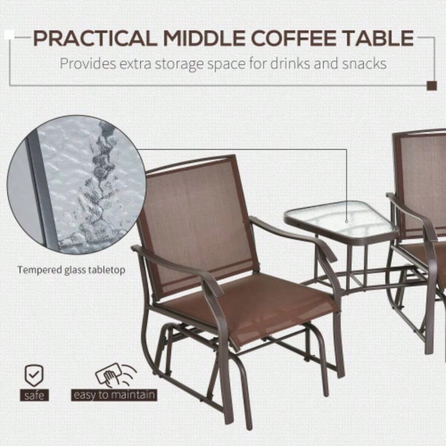 Outsunny Outdoor Glider Chairs with Coffee Table, Patio 2 - Rocking Chair Swing Loveseat with Breathable Sling Backyard, Garden, and Porch, Coffee Brown