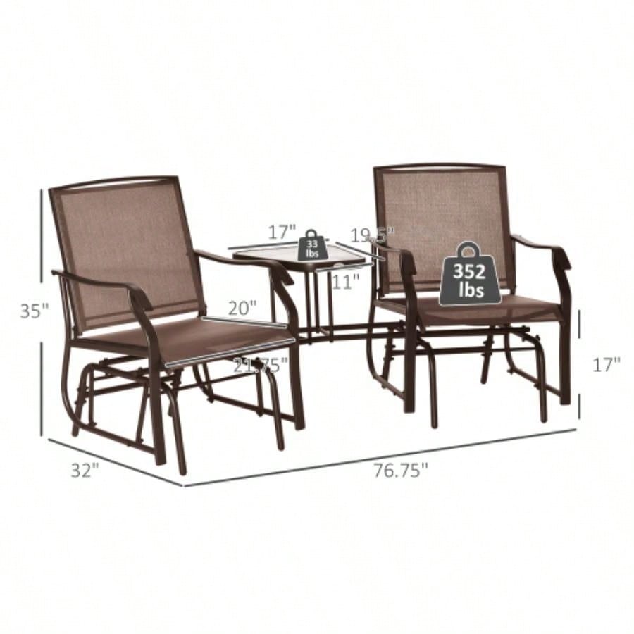 Outsunny Outdoor Glider Chairs with Coffee Table, Patio 2 - Rocking Chair Swing Loveseat with Breathable Sling Backyard, Garden, and Porch, Coffee Brown