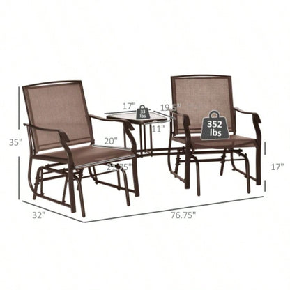 Outsunny Outdoor Glider Chairs with Coffee Table, Patio 2 - Rocking Chair Swing Loveseat with Breathable Sling Backyard, Garden, and Porch, Coffee Brown