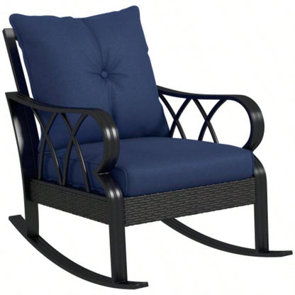 Outsunny Outdoor Wicker Rocking Chair with Padded Cushions, Aluminum Furniture Rattan Porch Rocker Chair/ Armrest Garden, Patio, and Backyard, Navy Blue