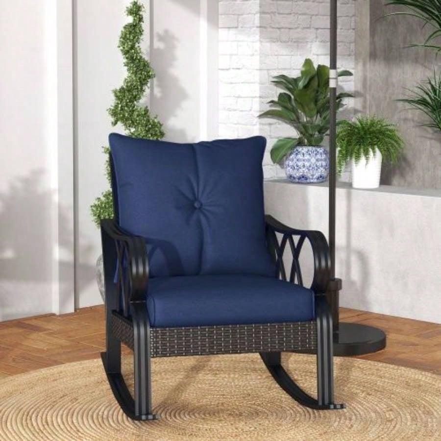 Outsunny Outdoor Wicker Rocking Chair with Padded Cushions, Aluminum Furniture Rattan Porch Rocker Chair/ Armrest Garden, Patio, and Backyard, Navy Blue