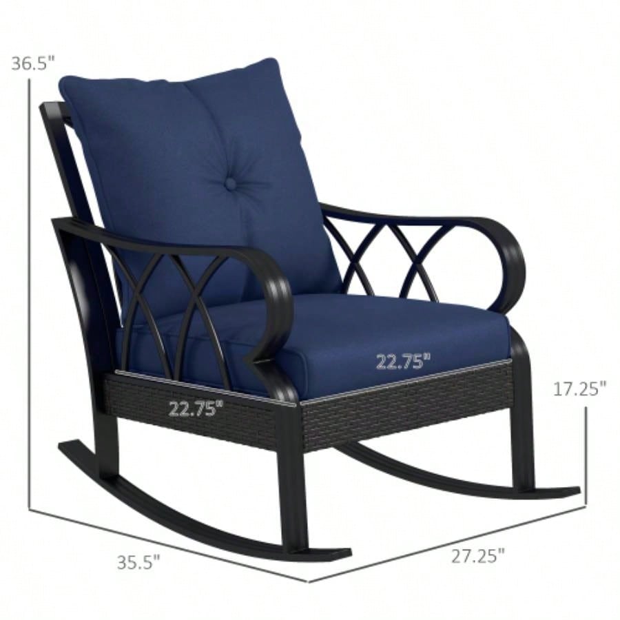 Outsunny Outdoor Wicker Rocking Chair with Padded Cushions, Aluminum Furniture Rattan Porch Rocker Chair/ Armrest Garden, Patio, and Backyard, Navy Blue