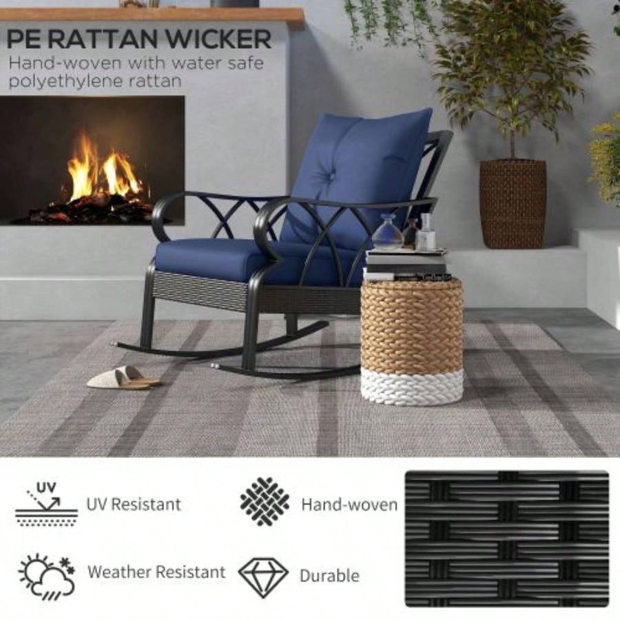 Outsunny Outdoor Wicker Rocking Chair with Padded Cushions, Aluminum Furniture Rattan Porch Rocker Chair/ Armrest Garden, Patio, and Backyard, Navy Blue