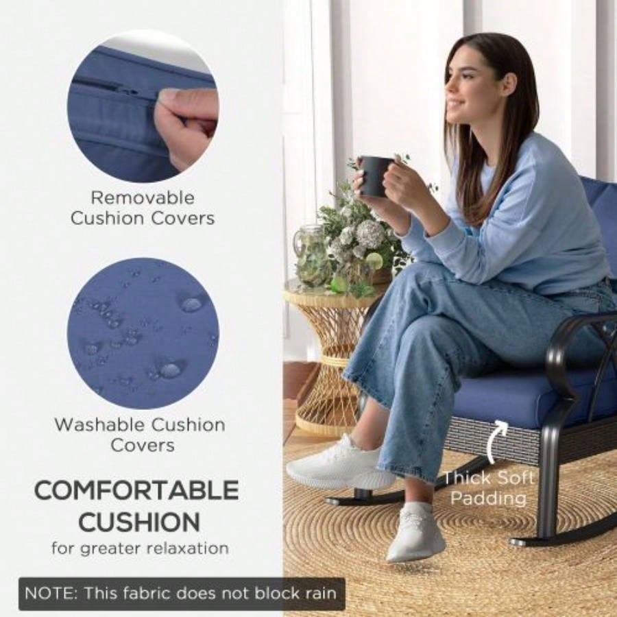 Outsunny Outdoor Wicker Rocking Chair with Padded Cushions, Aluminum Furniture Rattan Porch Rocker Chair/ Armrest Garden, Patio, and Backyard, Navy Blue