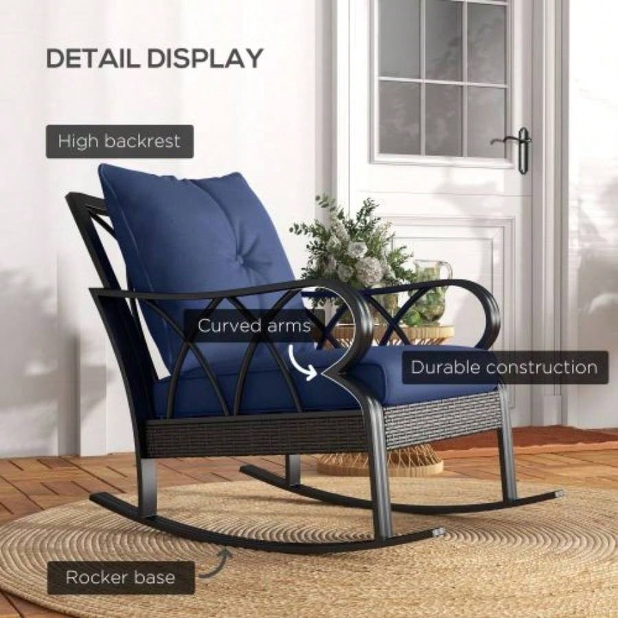 Outsunny Outdoor Wicker Rocking Chair with Padded Cushions, Aluminum Furniture Rattan Porch Rocker Chair/ Armrest Garden, Patio, and Backyard, Navy Blue