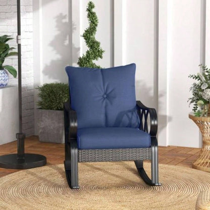 Outsunny Outdoor Wicker Rocking Chair with Padded Cushions, Aluminum Furniture Rattan Porch Rocker Chair/ Armrest Garden, Patio, and Backyard, Navy Blue