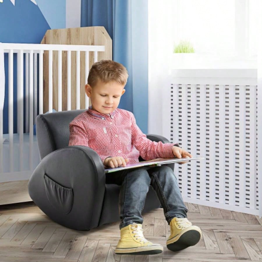 Kids Sofa Rocking Chair with Side Pocket, PU Leather Toddler Armchair Children