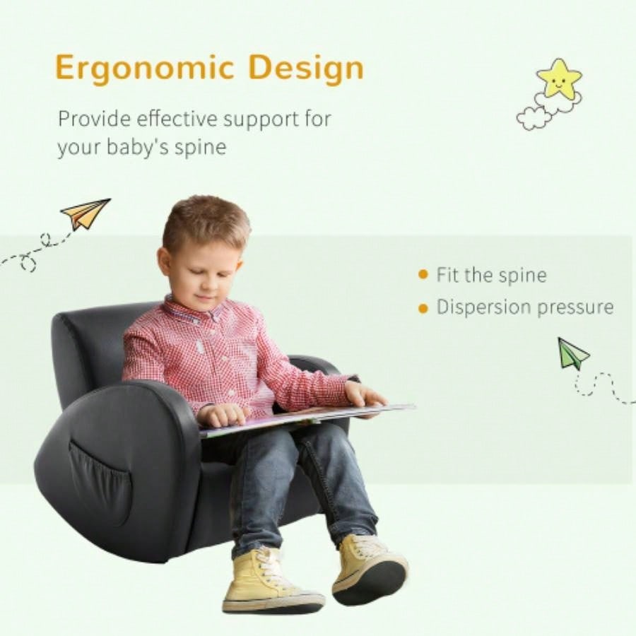 Kids Sofa Rocking Chair with Side Pocket, PU Leather Toddler Armchair Children