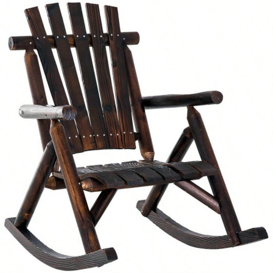Outsunny Outdoor Wooden Rocking Chair, Rustic Adirondack Rocker with Slatted, High Backrest, Armrests Patio, Garden, and Porch, Large, Brown