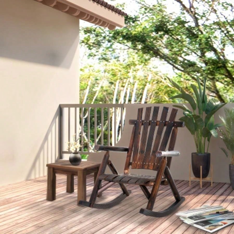 Outsunny Outdoor Wooden Rocking Chair, Rustic Adirondack Rocker with Slatted, High Backrest, Armrests Patio, Garden, and Porch, Large, Brown