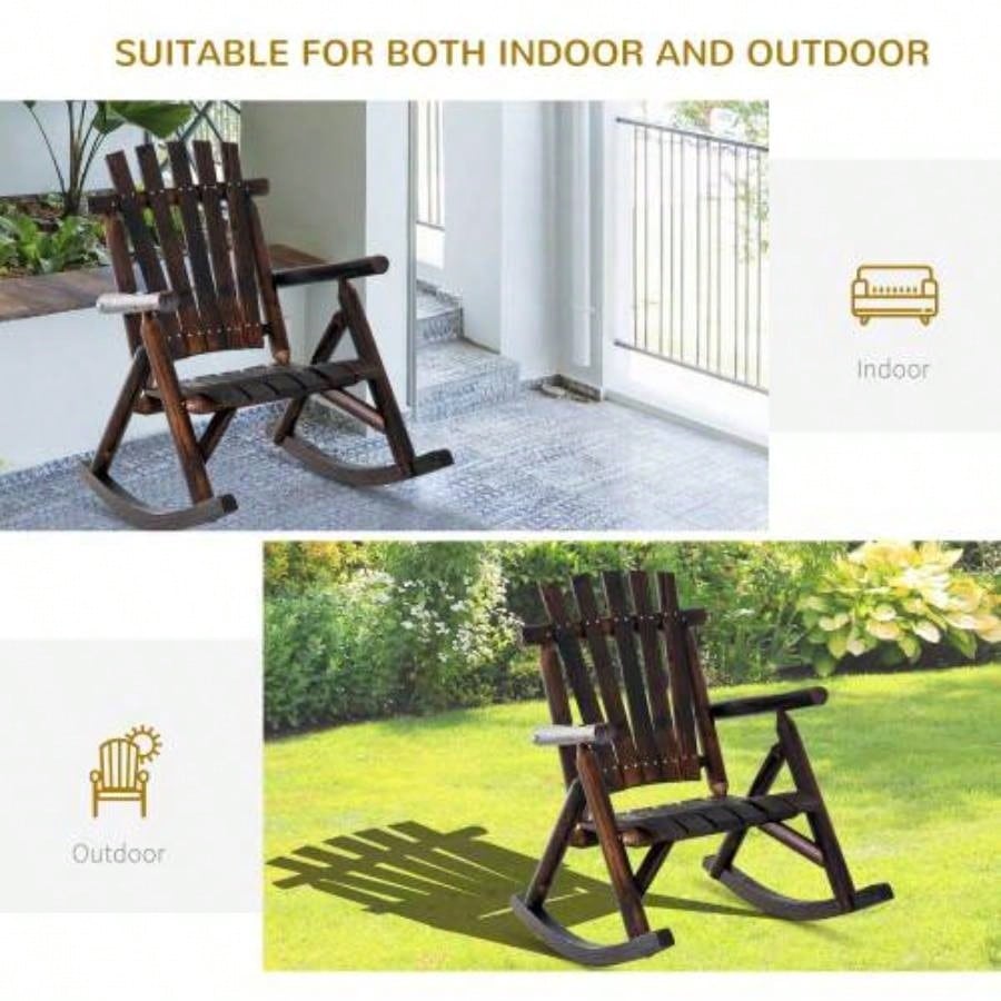 Outsunny Outdoor Wooden Rocking Chair, Rustic Adirondack Rocker with Slatted, High Backrest, Armrests Patio, Garden, and Porch, Large, Brown