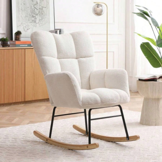 Rocking Chair Teddy Upholstered Glider Rocker Rocking Accent Chair Padded with High Backrest Armchair Comfy Side Chair Living Room Bedroom Offices BEIGE