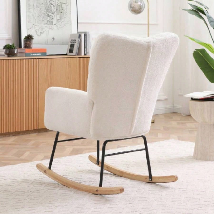 Rocking Chair Teddy Upholstered Glider Rocker Rocking Accent Chair Padded with High Backrest Armchair Comfy Side Chair Living Room Bedroom Offices BEIGE