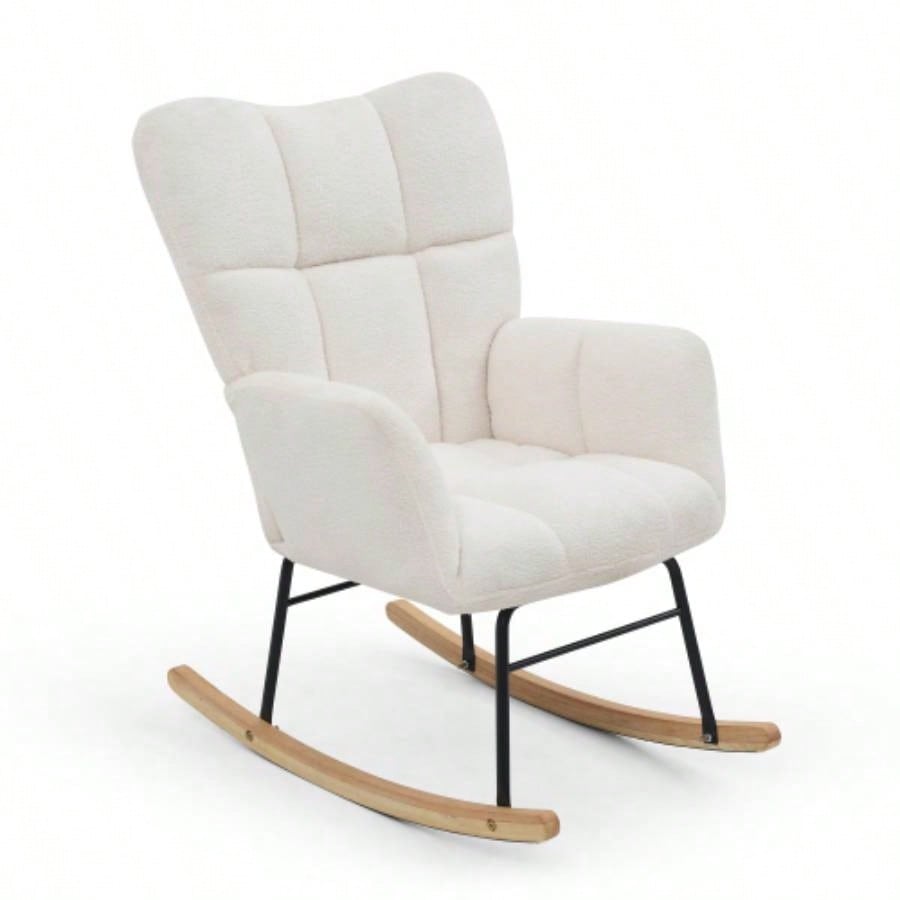 Rocking Chair Teddy Upholstered Glider Rocker Rocking Accent Chair Padded with High Backrest Armchair Comfy Side Chair Living Room Bedroom Offices BEIGE