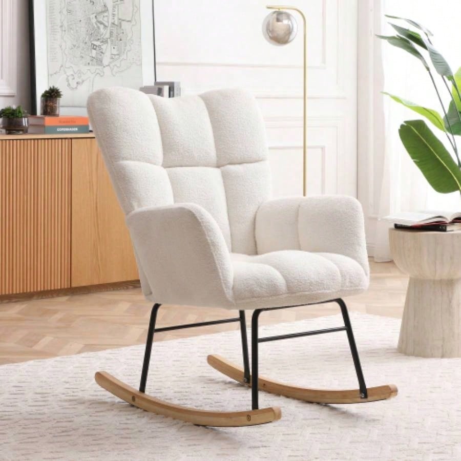 Rocking Chair Teddy Upholstered Glider Rocker Rocking Accent Chair Padded with High Backrest Armchair Comfy Side Chair Living Room Bedroom Offices BEIGE