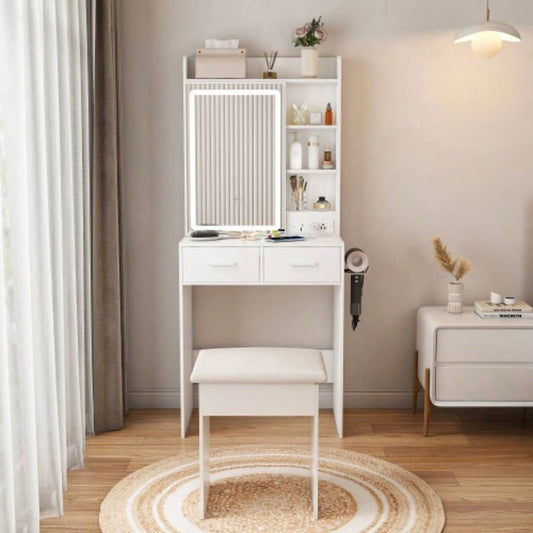 Small Makeup Vanity Desk with Mirror Adjustable LED Lights, Built - in Power Outlet Hidden Storage, Includes padded stool Shelf, Space - Saving Dressing Table Small Bedrooms, White