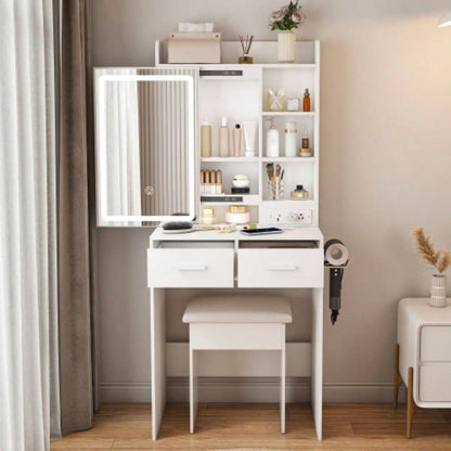 Small Makeup Vanity Desk with Mirror Adjustable LED Lights, Built - in Power Outlet Hidden Storage, Includes padded stool Shelf, Space - Saving Dressing Table Small Bedrooms, White