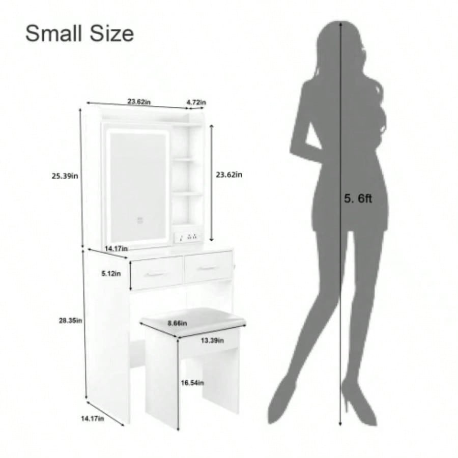 Small Makeup Vanity Desk with Mirror Adjustable LED Lights, Built - in Power Outlet Hidden Storage, Includes padded stool Shelf, Space - Saving Dressing Table Small Bedrooms, White