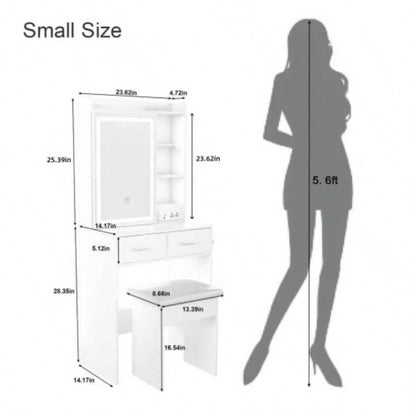 Small Makeup Vanity Desk with Mirror Adjustable LED Lights, Built - in Power Outlet Hidden Storage, Includes padded stool Shelf, Space - Saving Dressing Table Small Bedrooms, White