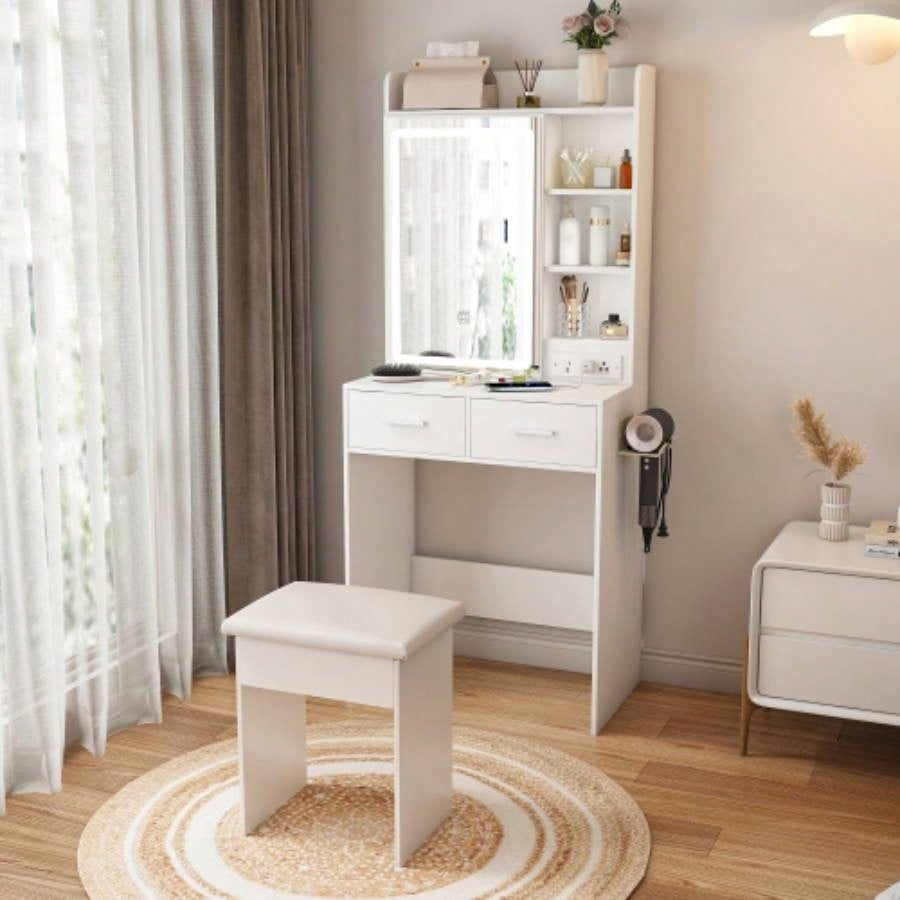 Small Makeup Vanity Desk with Mirror Adjustable LED Lights, Built - in Power Outlet Hidden Storage, Includes padded stool Shelf, Space - Saving Dressing Table Small Bedrooms, White