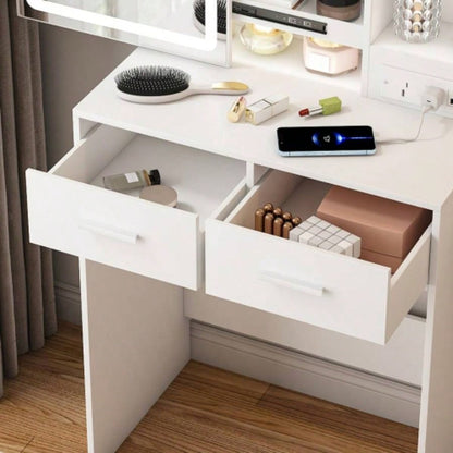 Small Makeup Vanity Desk with Mirror Adjustable LED Lights, Built - in Power Outlet Hidden Storage, Includes padded stool Shelf, Space - Saving Dressing Table Small Bedrooms, White