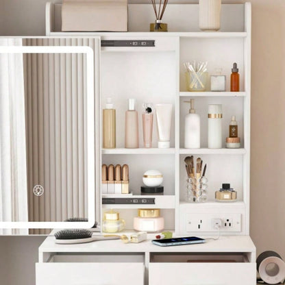 Small Makeup Vanity Desk with Mirror Adjustable LED Lights, Built - in Power Outlet Hidden Storage, Includes padded stool Shelf, Space - Saving Dressing Table Small Bedrooms, White