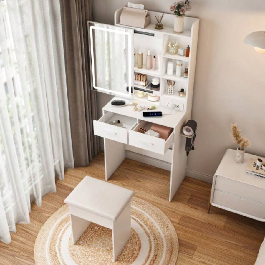 Small Makeup Vanity Desk with Mirror Adjustable LED Lights, Built - in Power Outlet Hidden Storage, Includes padded stool Shelf, Space - Saving Dressing Table Small Bedrooms, White