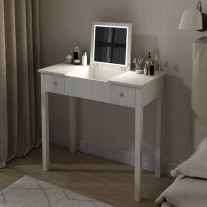 Multifunctional Vanity Desk with 3 - Level Adjustable Lighting with Flip - top Mirror Storage 15.75 Deep Makeup Table 2 Drawers 3 Removable Organizer Boxes Compact Home Office Desk White