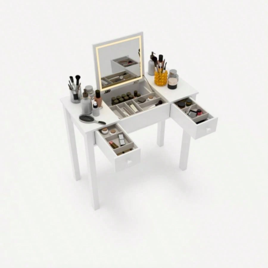 Multifunctional Vanity Desk with 3 - Level Adjustable Lighting with Flip - top Mirror Storage 15.75 Deep Makeup Table 2 Drawers 3 Removable Organizer Boxes Compact Home Office Desk White