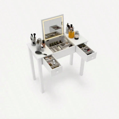 Multifunctional Vanity Desk with 3 - Level Adjustable Lighting with Flip - top Mirror Storage 15.75 Deep Makeup Table 2 Drawers 3 Removable Organizer Boxes Compact Home Office Desk White