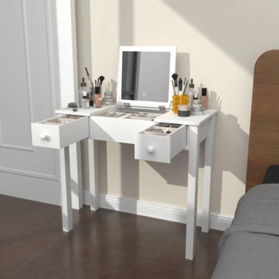 Multifunctional Vanity Desk with 3 - Level Adjustable Lighting with Flip - top Mirror Storage 15.75 Deep Makeup Table 2 Drawers 3 Removable Organizer Boxes Compact Home Office Desk White