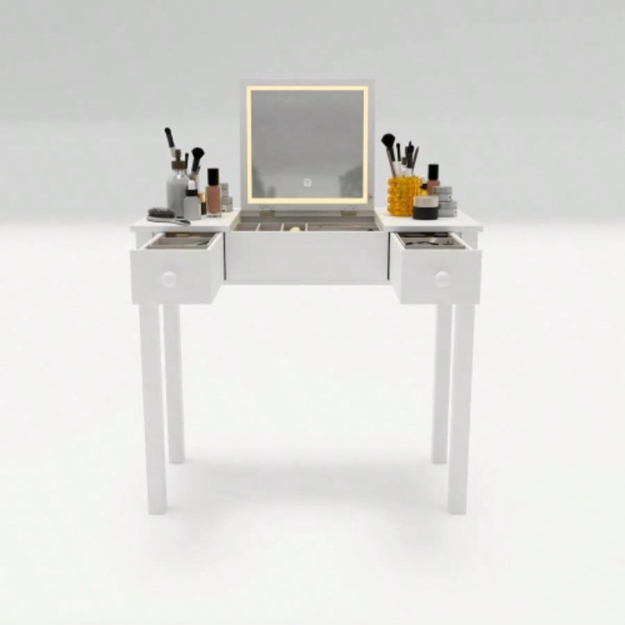 Multifunctional Vanity Desk with 3 - Level Adjustable Lighting with Flip - top Mirror Storage 15.75 Deep Makeup Table 2 Drawers 3 Removable Organizer Boxes Compact Home Office Desk White