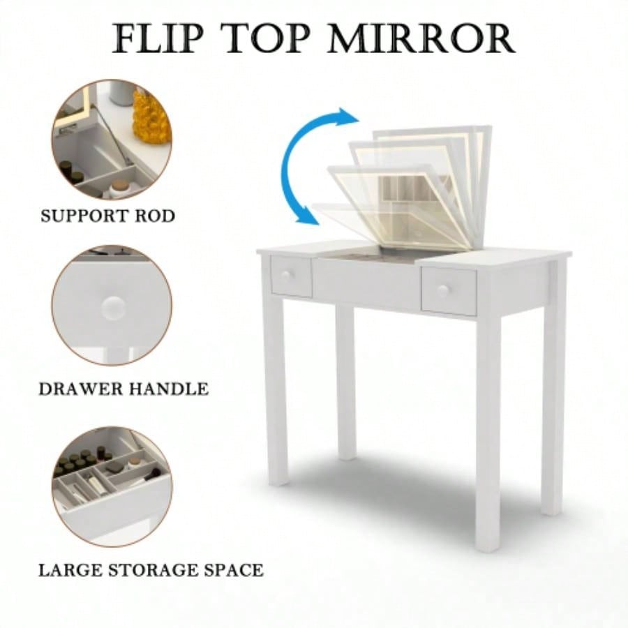 Multifunctional Vanity Desk with 3 - Level Adjustable Lighting with Flip - top Mirror Storage 15.75 Deep Makeup Table 2 Drawers 3 Removable Organizer Boxes Compact Home Office Desk White