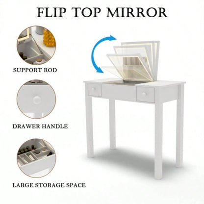 Multifunctional Vanity Desk with 3 - Level Adjustable Lighting with Flip - top Mirror Storage 15.75 Deep Makeup Table 2 Drawers 3 Removable Organizer Boxes Compact Home Office Desk White