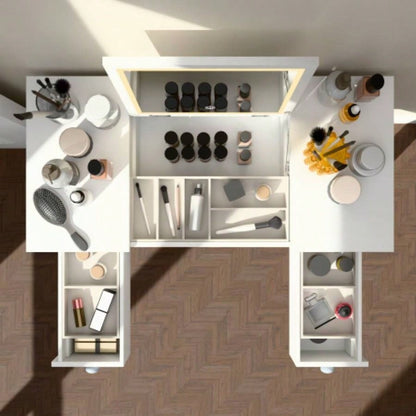 Multifunctional Vanity Desk with 3 - Level Adjustable Lighting with Flip - top Mirror Storage 15.75 Deep Makeup Table 2 Drawers 3 Removable Organizer Boxes Compact Home Office Desk White