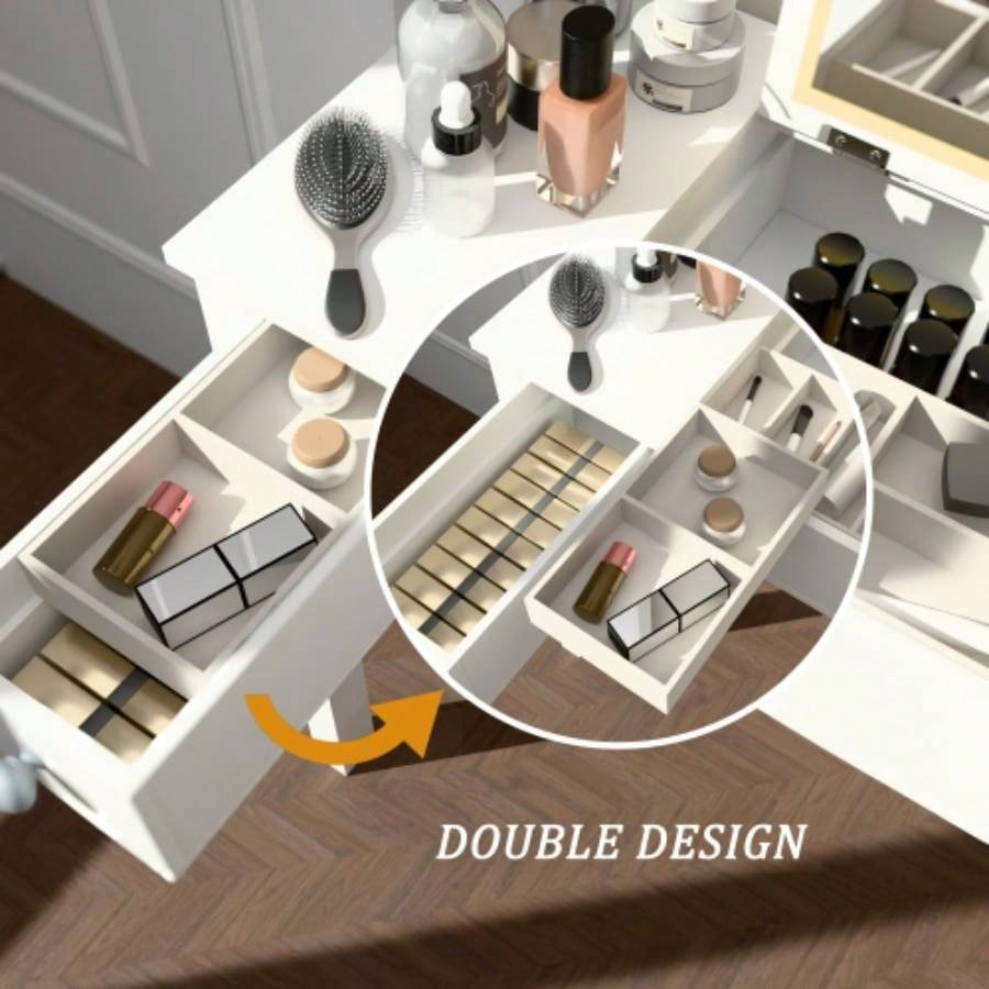 Multifunctional Vanity Desk with 3 - Level Adjustable Lighting with Flip - top Mirror Storage 15.75 Deep Makeup Table 2 Drawers 3 Removable Organizer Boxes Compact Home Office Desk White