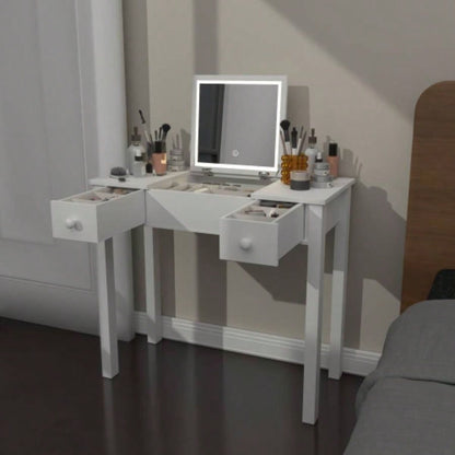 Multifunctional Vanity Desk with 3 - Level Adjustable Lighting with Flip - top Mirror Storage 15.75 Deep Makeup Table 2 Drawers 3 Removable Organizer Boxes Compact Home Office Desk White