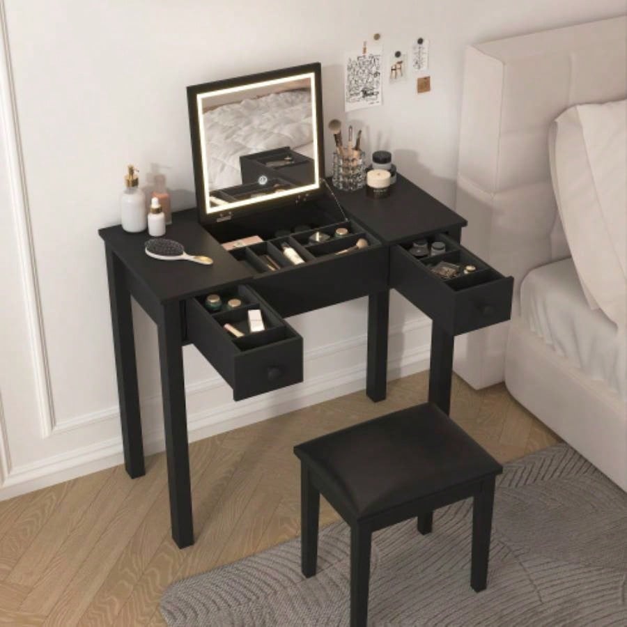 Multifunctional Vanity Desk with 3 - Level Adjustable Lighting with Flip - top Mirror Storage 15.75 Deep Makeup Table 2 Drawers 3 Removable Organizer Boxes Compact Home Office Desk White