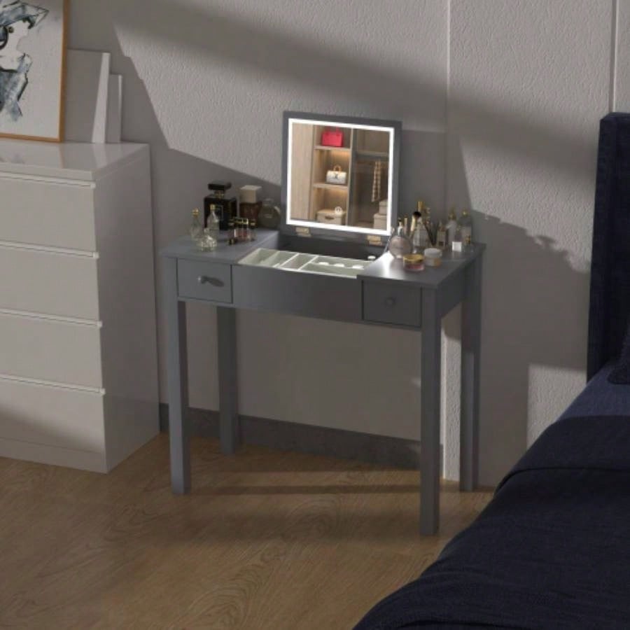 Multifunctional Vanity Desk with 3 - Level Adjustable Lighting with Flip - top Mirror Storage 15.75 Deep Makeup Table 2 Drawers 3 Removable Organizer Boxes Compact Home Office Desk White